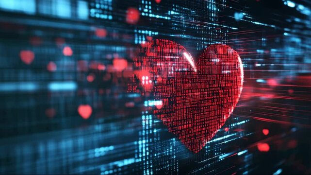 Digital heart symbol with binary code on abstract background  