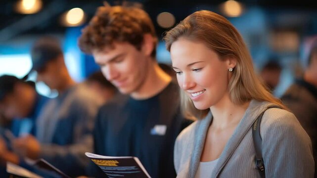 Energetic job fair atmosphere with diverse attendees reviewing flyers and practicing pitches while waiting their turn