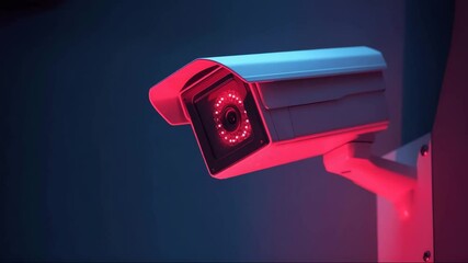 Security camera with red illumination against a blue background   - Powered by Adobe