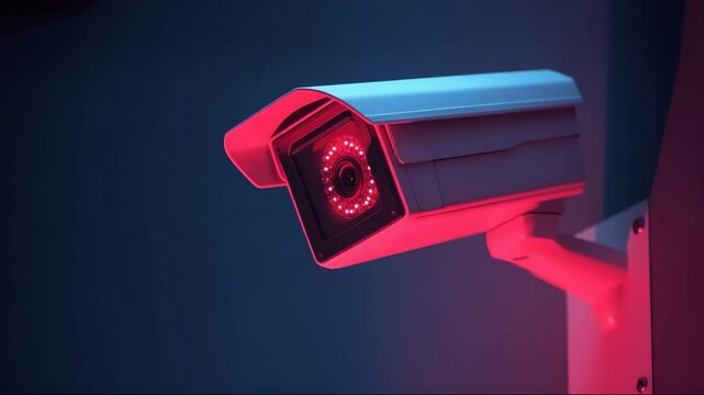 Security camera with red illumination against a blue background  