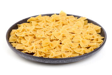Farfalle Pasta, Bow Tie Pasta, Black Plate, isolated on white background