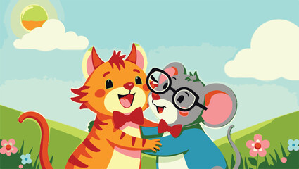 Cartoon Cat and Mouse Embracing in a Sunny Field of Flowers, Cute Friendship and Playful Scene Illustration
