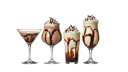 Chocolate milkshakes with whipped cream and syrup in glasses on white background
