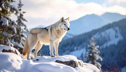 Obraz premium A lone white wolf standing on snowy cliffside in mountains capturing essence of survival, freedom, and leadership in the wilderness