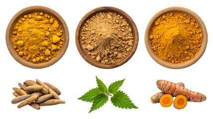 Herbal powders and roots with turmeric and natural ingredients on white background
