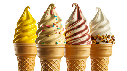 Colorful soft serve ice cream cones with toppings and swirls on white background
