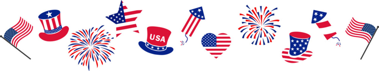 4th july Independence Day fireworks border .Red, blue fireworks for 4th of July . Fourth of July background . United States of America celebration firecrackers  . USA exploding fireworks .