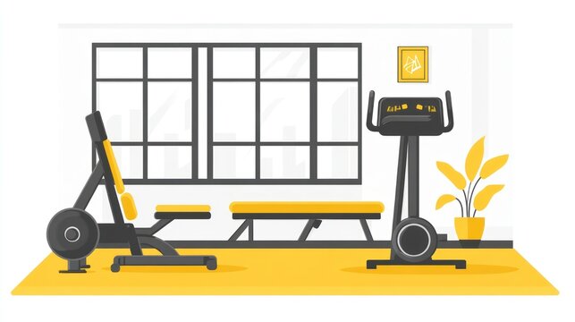 Gym equipment illustrated with yellow accents, against a large window and white wall