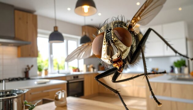 Conceptual close-up of a housefly inside a kitchen used to visualize hygiene concerns, pest control awareness, or microbiology in domestic environments