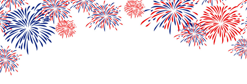 4th july Independence Day fireworks frame .Red, blue fireworks for 4th of July . Fourth of July background . United States of America celebration firecrackers border . USA exploding fireworks .