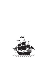 Silhouette Vector of Three Masted Sailing Ship Stylized Black Tall Ship with Billowing Sails, Flags, and Detailed Hull on White Background.