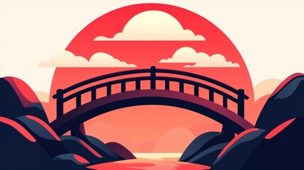 A stylized illustration of a bridge under a vibrant sunset, surrounded by hills and clouds.