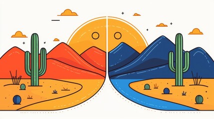 Obraz premium A vibrant desert landscape featuring mountains, cacti, and a bright sun creating an eye-catching scene.