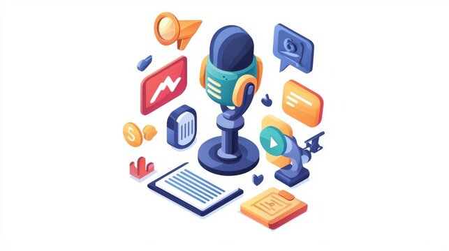 Colorful digital elements including a microphone, charts, and multimedia icons for tech and communication themes.