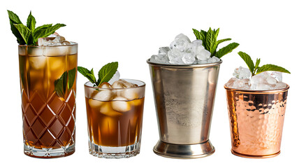 Iced tea drinks with mint leaves and ice cubes in various glassware on white background
