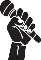 Obraz premium Black and white illustration of a clenched fist holding a microphone symbolizing vocal performance and artistic expression.