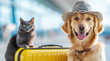 Adorable golden retriever puppy enthusiastically playing with a suitcase, with a curious cat observing the mischievous scene