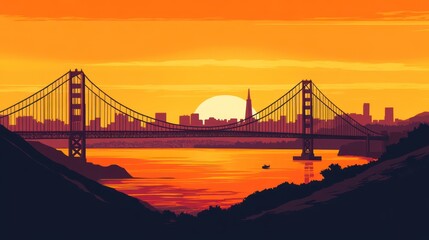 Fototapeta premium Golden hour cityscape view of a suspension bridge