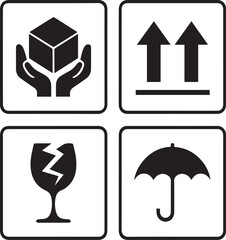 Shipping and packaging icons representing handling with care fragile materials orientation and protection from moisture