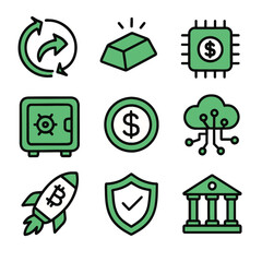 Crypto and blockchain icons. Refresh, gold, chip, safe, coin, cloud, rocket, shield, bank