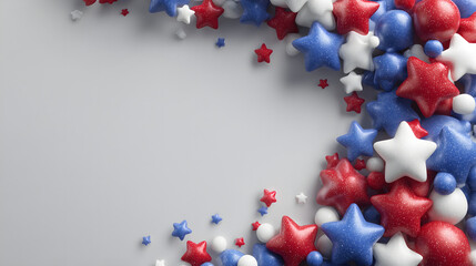 4th of July banner: Red blue white star balloons on white background. Top view flat lay with copy space. USA Independence Day celebration, patriotic party, national holiday.