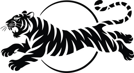 A black and white illustration of a leaping tiger inside a circle
