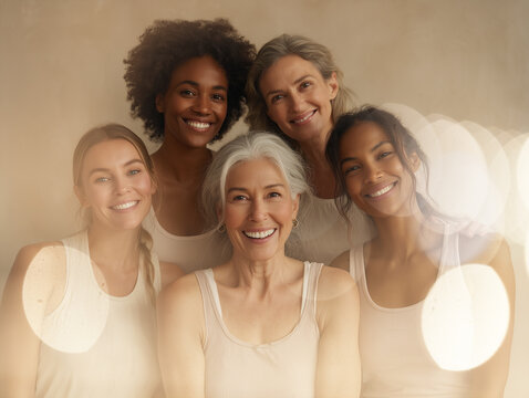  Belleza diversa, empoderamiento femenino y bienestar integral.Grupo diverso de mujeres sonrientes, distintas edades y etnias, en ropa deportiva.