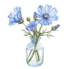 A Chicory Flower In A Vase, watercolor illustration vector, isolated on a white background.