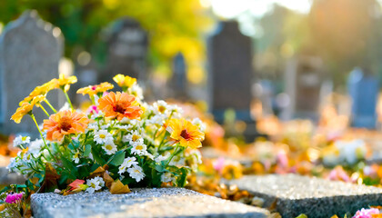 A cemetery with a grave with a flower arrangement. The flowers are yellow and white. Background out of focus