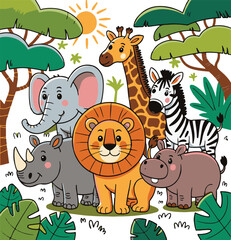 Naklejka premium Cheerful cartoon illustration featuring a diverse group of adorable safari animals set against a sunny jungle backdrop.