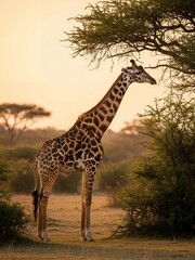 Obraz premium Giraffe Browsing Acacia Trees in the African Savanna During Golden Hour A Stunning Wildlife Photograph with Warm Lighting