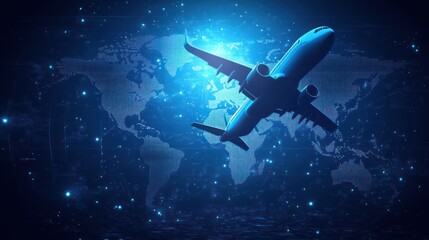 Airplane soaring over a digital world map