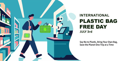 Illustration of International Plastic Bag Free Day on July 3rd., a man using a reusable tote bag at a supermarket, assisted by a robot cashier. Eco-friendly and modern retail concept.