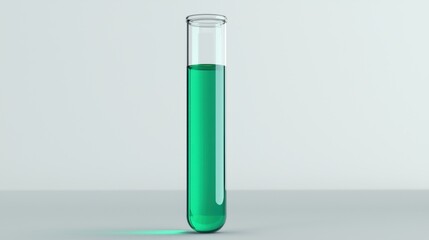 Green liquid in transparent test tube on clean surface against light background in laboratory setting