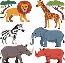 Obraz premium Colorful illustrated set of african animals including a lion giraffe zebra elephant and two rhinos standing proudly