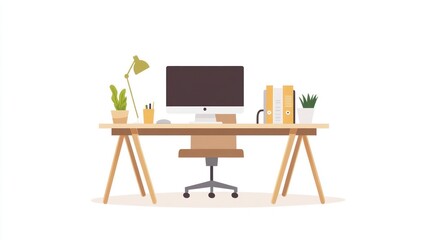 Illustrated desk with a computer, desk lamp, plants, folders, and an office chair