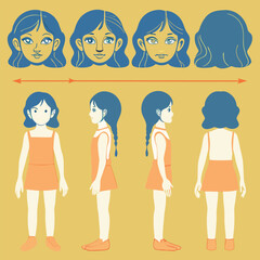 Girl's various views vector illustration from front and side perspective