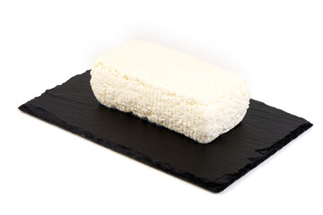 Fresh White Cheese on Slate Board, isolated on white background