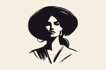 Woman in wide hat, bold brush sketch style, vector illustration

