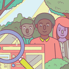 Group of diverse people examining future technology in nature