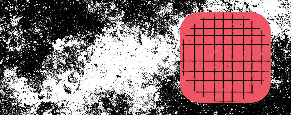 Poster bold geometric design with a prominent red circle and grungy black and white texture, showcasing mod