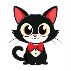 Cute Cartoon Black Cat with Red Bowtie Illustration