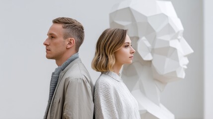 A man and a woman standing side by side, looking at the same sculpture but imagining different worlds, metaphor for perception differences
