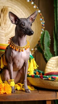 Hairless dog adorned with traditional tassels and vibrant serape, nestled among sombrero and cacti in cultural celebration