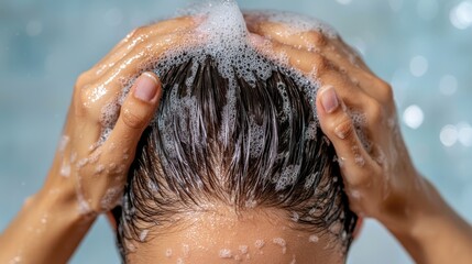 Naklejka premium A person standing in the shower, noticing an unusually high amount of hair shedding and falling down the drain, a common but distressing experience for many.