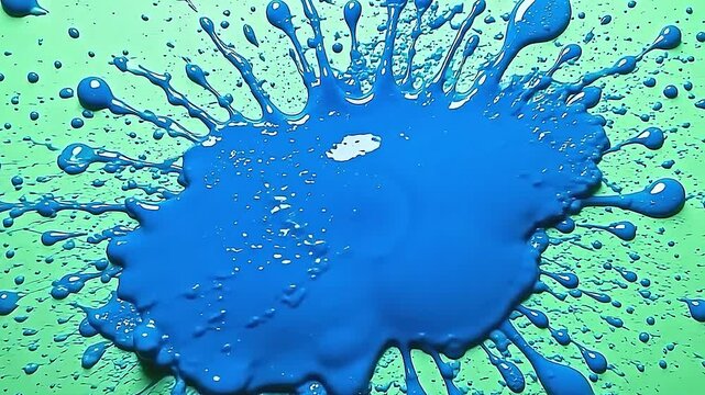 The scene captures explode blue paint splash spreading softly over a smooth green background, the droplets rolling gently while creating vibrant contrast.