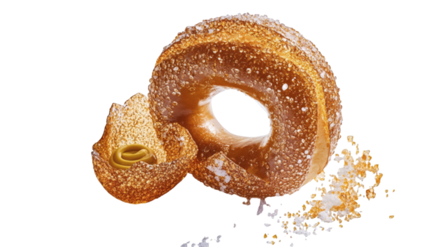 Soft pretzel with a golden crust sprinkled with coarse salt and a side of mustard isolated on transparent background 
