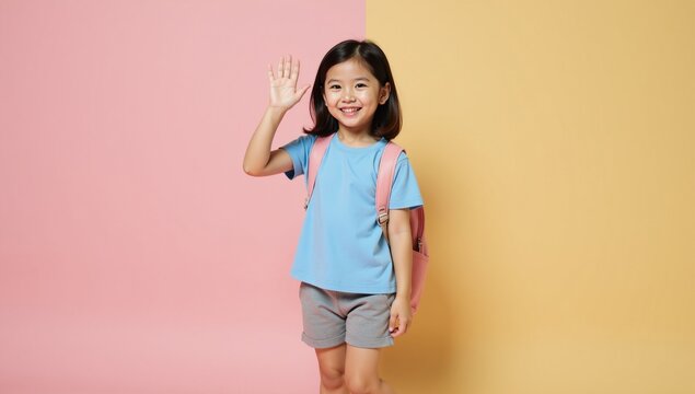 A cheerful Asian brunette dressed casually in a blue T-shirt gray shorts and yellow sneakers is depicted standing with a backpack waving her hand in a lively pose the image is rendered in delightfully - Powered by Adobe