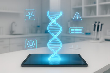 Futuristic medical technology displaying dna analysis and scientific data on tablet in laboratory setting