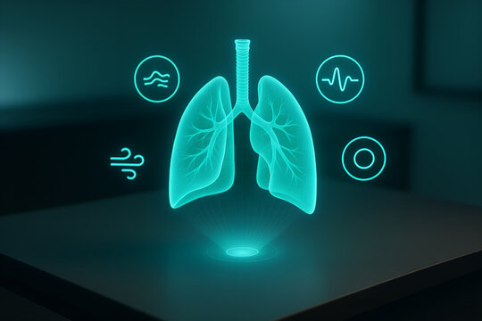 Futuristic representation of lungs with medical icons and digital interface depicting respiratory system healthcare and technological advancement